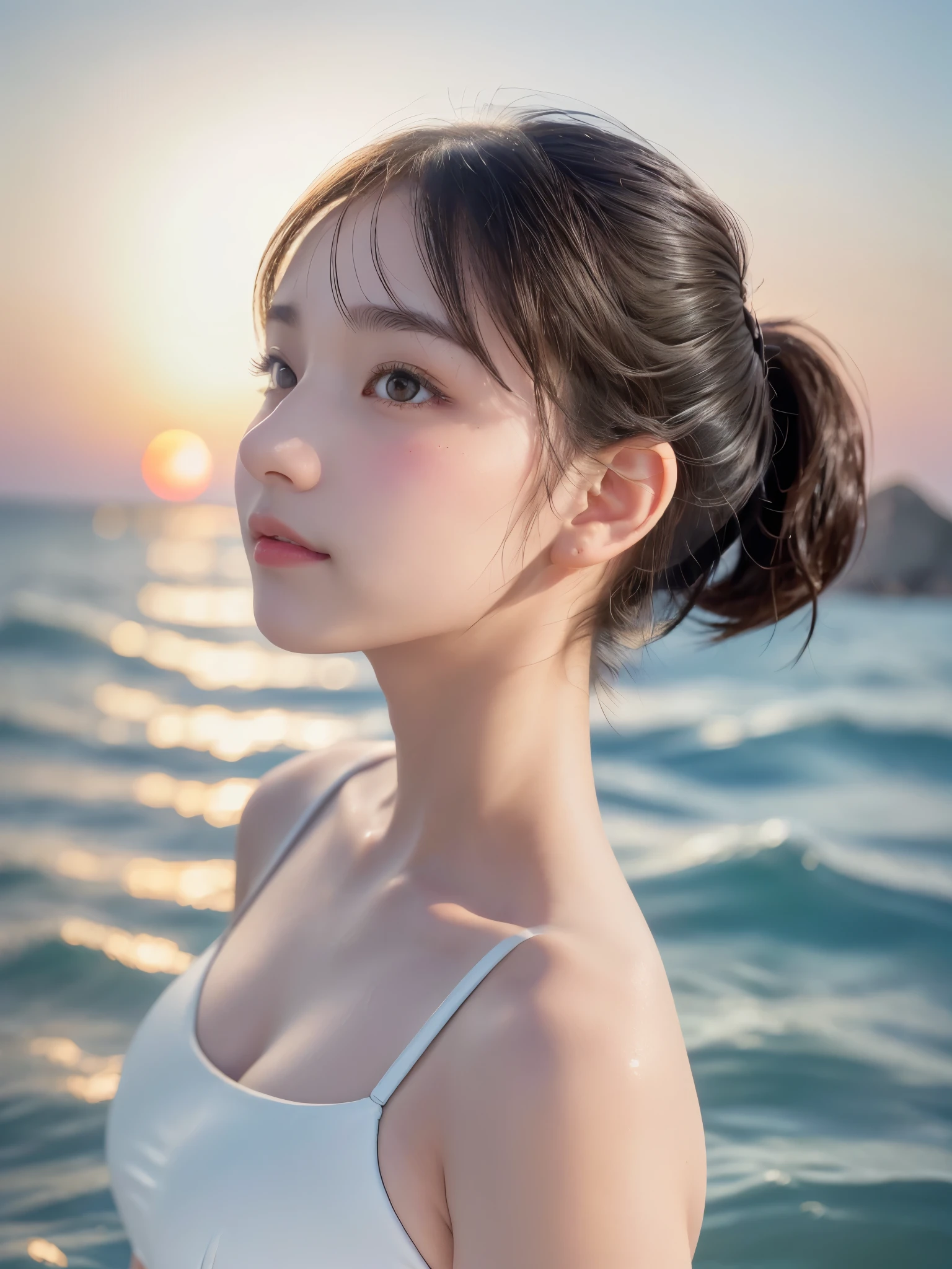 Top quality, masterpiece, cinematic lighting, girl, black hair, black eyes, night, looking up and closing eyes, smiling, hot spring, there are about 3 people in the back