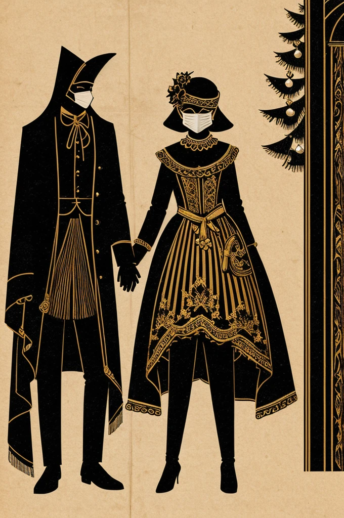 An illustration showing two figures wearing simple masks and costumes, as silhouettes or basic drawings, in a festive atmosphere.