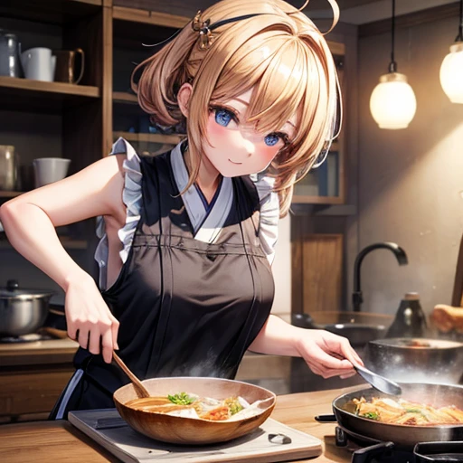 masterpiece, Highest quality, High resolution, 1girl 22 Ahoge Hair Accessory, Cooking katsudon in a sleeveless kimono