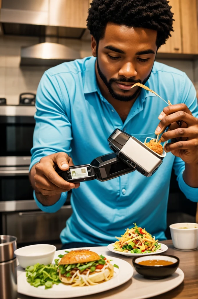 A man eating food with a robot