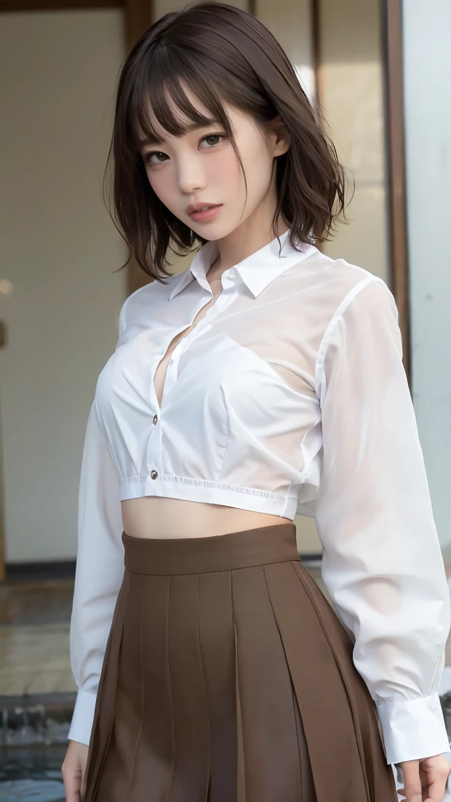 (One woman), short bob, 18 years old, Japanese, brown eyes, brown hair, slim figure, flat chest, high school girl, school summer uniform
Blake
Facial expression and background
Her whole body got wet from a sudden rain, and her blouse became transparent, giving a faint glimpse of her bra