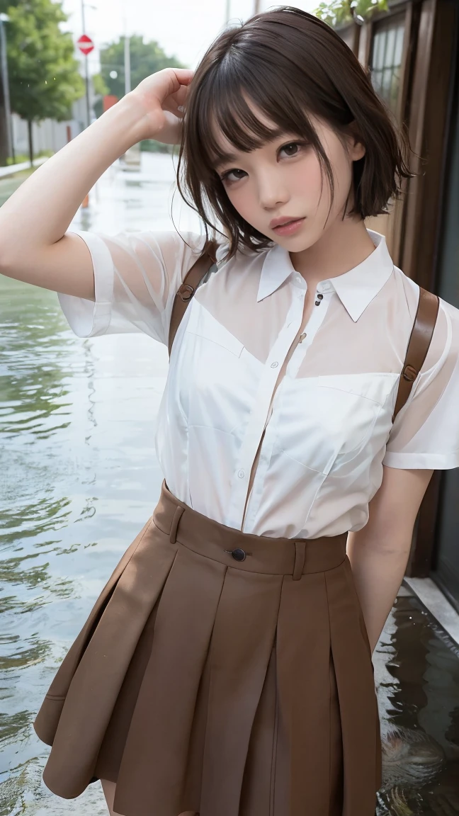 (One woman), short bob, 18 years old, Japanese, brown eyes, brown hair, slim figure, flat chest, high school girl, school summer uniform
Blake
Facial expression and background
Her whole body got wet from a sudden rain, and her blouse became transparent, giving a faint glimpse of her bra