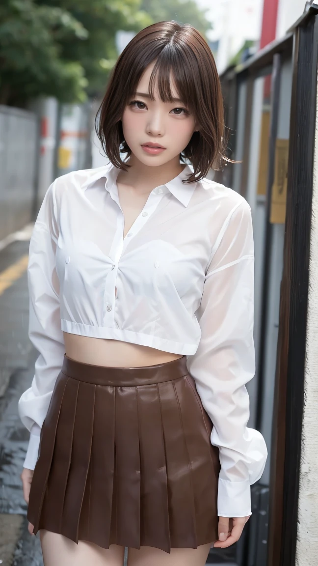 (One woman), short bob, 18 years old, Japanese, brown eyes, brown hair, slim figure, flat chest, high school girl, school summer uniform
Blake
Facial expression and background
Her whole body got wet from a sudden rain, and her blouse became transparent, giving a faint glimpse of her bra