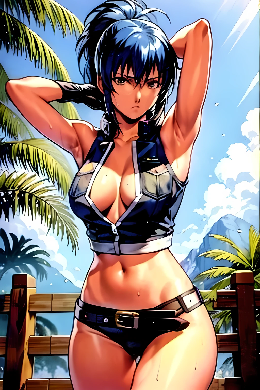 masterpiece, best quality, anime 1990s \(style\, leona heidern, no bra, fully open vest, thong ,jungle, pony tail, wet, serious, gloves, , sleeveless, belt, touching hair.