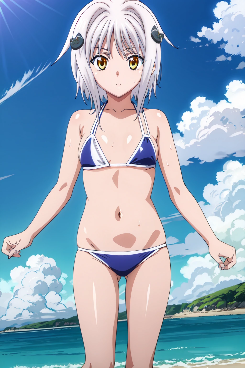 eft_dxd_white, 1girl, cat hair ornament, yellow eyes, hair ornament,white hair, solo, short hair, looking at the viewer, blue theme, blue background, cloudy sky, sunlight, sweat, orgasmic, bikini swimsuit, medium breasts, cleavage, belly button exposed, collarbone, thighs, sea and beach,