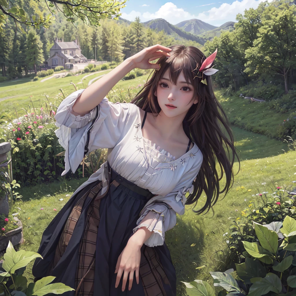 (best quality), masterpiece, Extremely detailed CG8K painting, high color, Extremely high color saturation, All colors are deepened, central composition, Extremely detailed light and shadow, The face and eyes are very detailed, medium length hair, sportswear, colorful clouds,beautiful nature,landscape