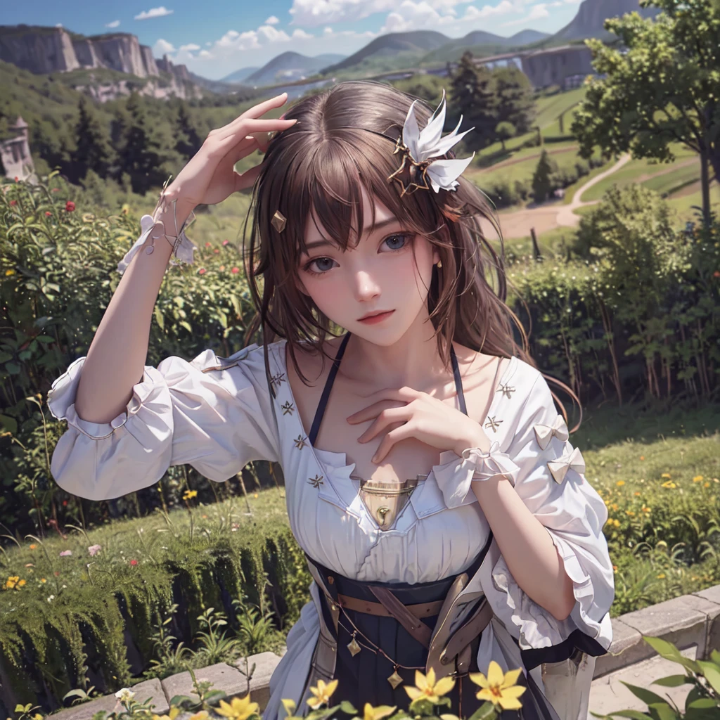 (best quality), masterpiece, Extremely detailed CG8K painting, high color, Extremely high color saturation, All colors are deepened, central composition, Extremely detailed light and shadow, The face and eyes are very detailed, medium length hair, sportswear, colorful clouds,beautiful nature,landscape