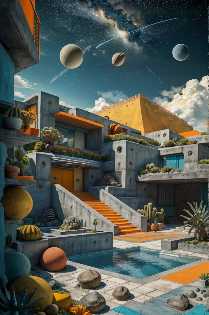 An illustration in collage style, with giant boulders, brutalist building sections, terraces, stairs, cacti, agave, concrete texture, multiple geometric shapes, hatch and cross hatching, planet saturn, volcano, moon, Luis Barragán's architectural style build, milky way galaxy, violet, one motorcycle, An illustration in collage style, with giant boulders, brutalist building sections, stairs, cacti, agave, concrete texture, multiple geometric shapes, hatch and cross hatching, planet saturn, volcano, moon, Luis Barragán's architectural style build, reflective pool, terraces. An elegant and modern build, in top of big boulders, with terraces, materials concrete, wood, steel and crystal, various gardens with tropical vegetation, cacti and rocks, stairs, a pool. In middle of sea, a big wave near, sunset, mountains and a volcano in the horizont, cute islands around, illustration format, cute color palette, detailed, masterpiece, award-winning work, clouds, Illustration, a garden with abundant cacti, ((various organic sculptures)), ((big rocks)), (((multiple sectionsAn illustration in collage style, with giant boulders, brutalist building sections, terraces, stairs, cacti, agave, concrete texture, multiple geometric shapes, hatch and cross hatching, planet saturn, volcano, moon, Luis Barragán's architectural style build, milky way galaxy, violet, one motorcycle, An illustration in collage style, with giant boulders, brutalist building sections, stairs, cacti, agave, concrete texture, multiple geometric shapes, hatch and cross hatching, planet saturn, volcano, moon, Luis Barragán's architectural collage style, detailed, (((color palette (olive green), (Mustard orange), cool grey, ((blue)), black and white))), (((a lot Luis barragán's architecture style builds))) big clouds, volcano in horizon, stairs, in the desert. ((masterpiece, best quality)),illustration,ultra detailed 8k, ((Ori Toor visual style)),soviet, megabuildings, megastructures, buildings, organic steel sculpture