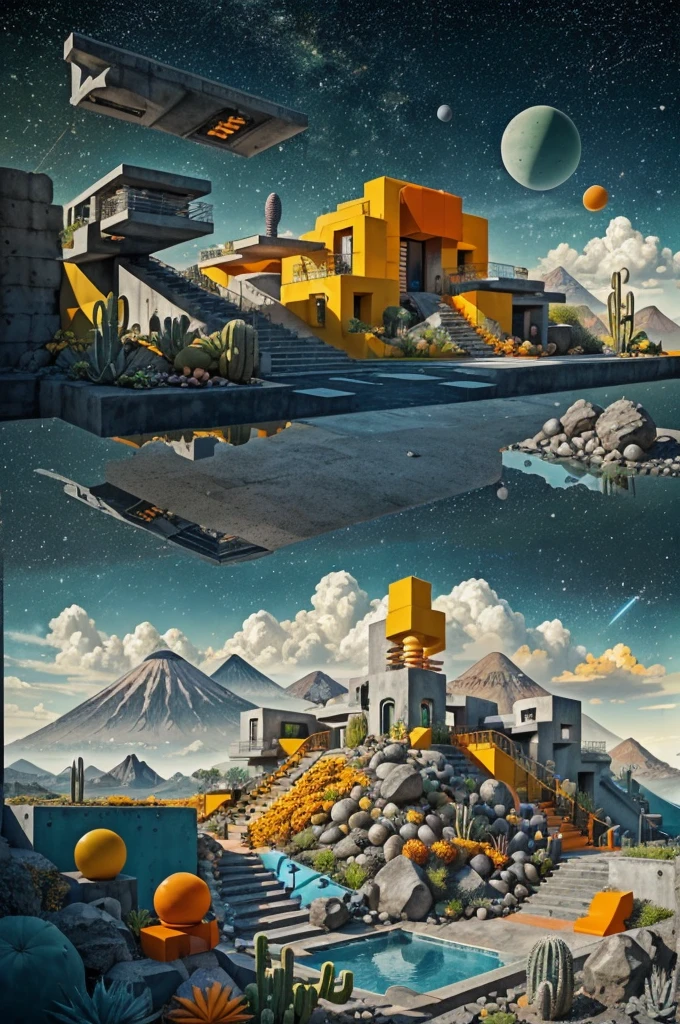 An illustration in collage style, with giant boulders, brutalist building sections, terraces, stairs, cacti, agave, concrete texture, multiple geometric shapes, hatch and cross hatching, planet saturn, volcano, moon, Luis Barragán's architectural style build, milky way galaxy, violet, one motorcycle, An illustration in collage style, with giant boulders, brutalist building sections, stairs, cacti, agave, concrete texture, multiple geometric shapes, hatch and cross hatching, planet saturn, volcano, moon, Luis Barragán's architectural style build, reflective pool, terraces. An elegant and modern build, in top of big boulders, with terraces, materials concrete, wood, steel and crystal, various gardens with tropical vegetation, cacti and rocks, stairs, a pool. In middle of sea, a big wave near, sunset, mountains and a volcano in the horizont, cute islands around, illustration format, cute color palette, detailed, masterpiece, award-winning work, clouds, Illustration, a garden with abundant cacti, ((various organic sculptures)), ((big rocks)), (((multiple sectionsAn illustration in collage style, with giant boulders, brutalist building sections, terraces, stairs, cacti, agave, concrete texture, multiple geometric shapes, hatch and cross hatching, planet saturn, volcano, moon, Luis Barragán's architectural style build, milky way galaxy, violet, one motorcycle, An illustration in collage style, with giant boulders, brutalist building sections, stairs, cacti, agave, concrete texture, multiple geometric shapes, hatch and cross hatching, planet saturn, volcano, moon, Luis Barragán's architectural collage style, detailed, (((color palette (olive green), (Mustard orange), cool grey, ((blue)), black and white))), (((a lot Luis barragán's architecture style builds))) big clouds, volcano in horizon, stairs, in the desert. ((masterpiece, best quality)),illustration,ultra detailed 8k, ((Ori Toor visual style)),soviet, megabuildings, megastructures, buildings, organic steel sculpture