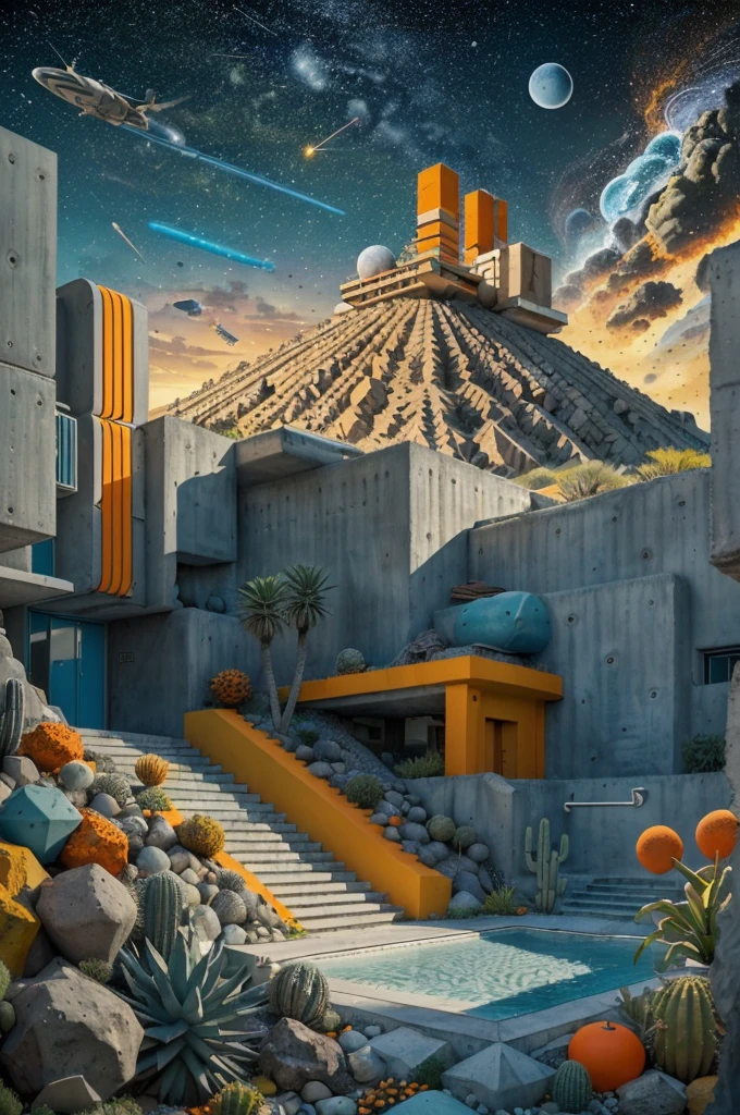 An illustration in collage style, with giant boulders, brutalist building sections, terraces, stairs, cacti, agave, concrete texture, multiple geometric shapes, hatch and cross hatching, planet saturn, volcano, moon, Luis Barragán's architectural style build, milky way galaxy, violet, one motorcycle, An illustration in collage style, with giant boulders, brutalist building sections, stairs, cacti, agave, concrete texture, multiple geometric shapes, hatch and cross hatching, planet saturn, volcano, moon, Luis Barragán's architectural style build, reflective pool, terraces. An elegant and modern build, in top of big boulders, with terraces, materials concrete, wood, steel and crystal, various gardens with tropical vegetation, cacti and rocks, stairs, a pool. In middle of sea, a big wave near, sunset, mountains and a volcano in the horizont, cute islands around, illustration format, cute color palette, detailed, masterpiece, award-winning work, clouds, Illustration, a garden with abundant cacti, ((various organic sculptures)), ((big rocks)), (((multiple sectionsAn illustration in collage style, with giant boulders, brutalist building sections, terraces, stairs, cacti, agave, concrete texture, multiple geometric shapes, hatch and cross hatching, planet saturn, volcano, moon, Luis Barragán's architectural style build, milky way galaxy, violet, one motorcycle, An illustration in collage style, with giant boulders, brutalist building sections, stairs, cacti, agave, concrete texture, multiple geometric shapes, hatch and cross hatching, planet saturn, volcano, moon, Luis Barragán's architectural collage style, detailed, (((color palette (olive green), (Mustard orange), cool grey, ((blue)), black and white))), (((a lot Luis barragán's architecture style builds))) big clouds, volcano in horizon, stairs, in the desert. ((masterpiece, best quality)),illustration,ultra detailed 8k, ((Ori Toor visual style)),soviet, megabuildings, megastructures, buildings, organic steel sculpture