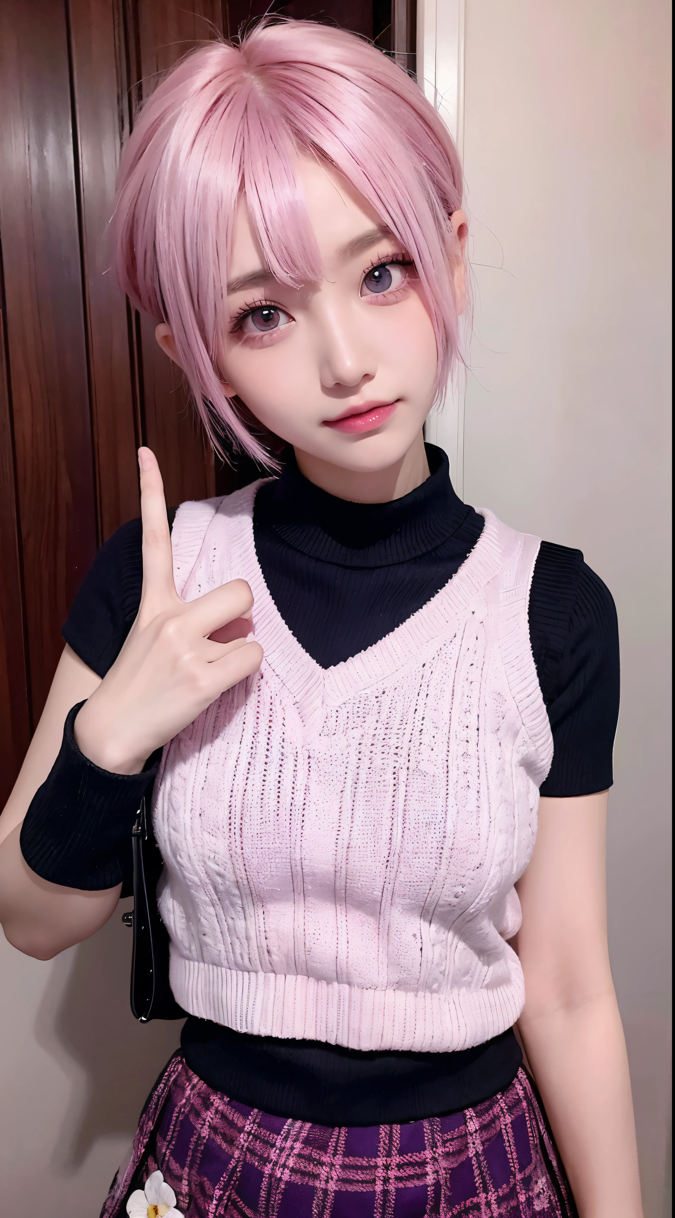 ph momo、momohd、phmomo、solo、1girl、Pink Hair、Purple Eyes、Short Hair、Hair Flowers、Sweater vest、Beautiful eyes、Plaid Skirt、Black thighaking a peace sign、Embarrassing