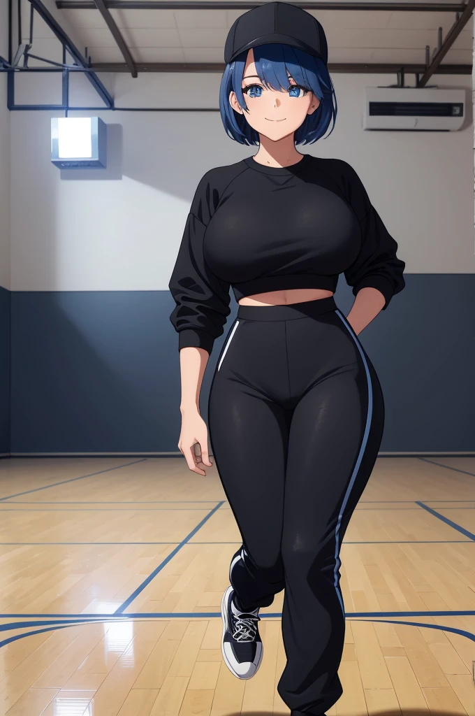 A woman wearing a black sweatshirt with blue details, black sports pants, sports sneakers, wearing a black cold cap, weak blue hair, short hair, blue eyes, smiling, big breasts, walking on a sports court, athletics floor, postured in a foot, winter background, background building, daytime location, (solo woman)
