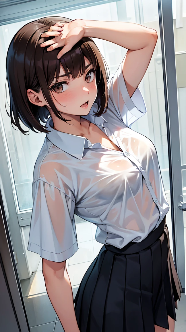 (One woman), short bob, 18 years old, Japanese, brown eyes, brown hair, slim figure, flat chest, high school girl, school summer uniform
Blake
Facial expression and background
Her whole body got wet from a sudden rain, and her blouse became transparent, giving a faint glimpse of her bra