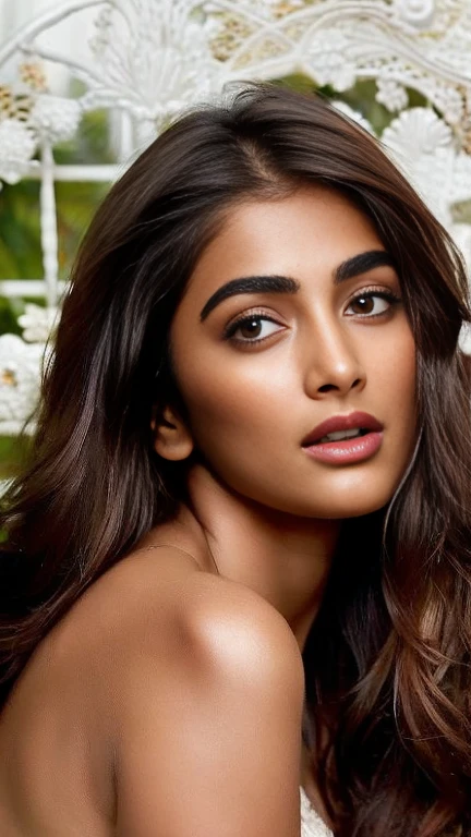 In a forest, extreme close up photo of Pooja hegde, medium breast, standing with wide open spread legs on garden, white lace bra, (realistic:1.3), intricate details, masterpiece,4k, ultrarealistic,bedroom, no make up,messy hair