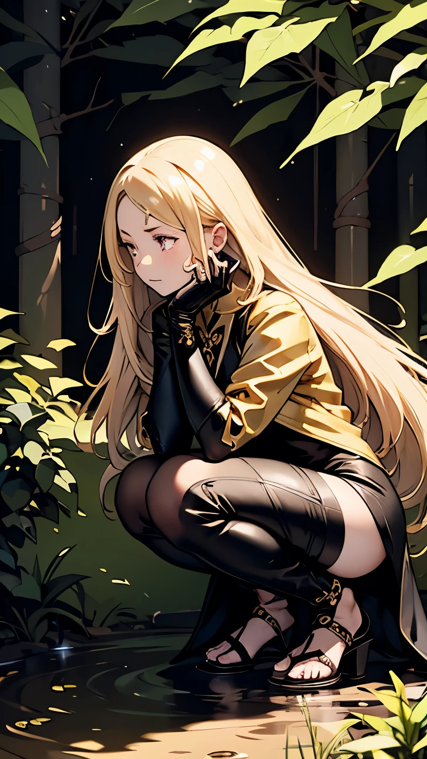 1 Girl、Black bodysuit、Iris、Symbol-shaped pupil、Golden Hair、Golden jacket、Facial marks、High collar、Fingerless gloves、Crouch、jungle、night、mud、Dirt、leaf、Bushes、Look away、profound、Gold sandals