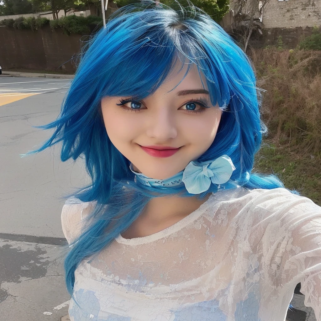 arafed woman with Blue Hair and a white shirt posing for a picture, pretty girl with Blue Hair, with Blue Hair, beautiful Blue Haired girl, Anime girls in real life, girl with Blue Hair, flowing Blue Hair, sky Blue Hair, Blue Hair, Blue Hairs, messy Blue Hair, Sky blue straight hair, Anime Girl Cosplay, straight sky Blue Hair