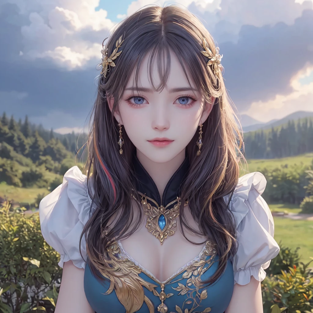 (best quality), masterpiece, Extremely detailed CG8K painting, high color, Extremely high color saturation, All colors are deepened, central composition, Extremely detailed light and shadow, The face and eyes are very detailed, medium length hair, sportswear, colorful clouds，beautiful nature，landscape