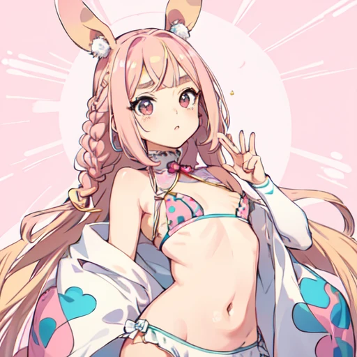Yayoi Kusama, pinks and light blues, Centered, Fusion of nipple seals and low-rise shorts, small, Girl Brat, Thick eyebrows, Narrow waist, Braid, Beautiful blonde, Braiding, Bunny ears, (masterpiece), ((Highest quality)), (Very detailed), girl, Beautiful and detailed face, Five Fingers, Fabric Shading, Perfect Human Anatomy, Perfect Anatomy,