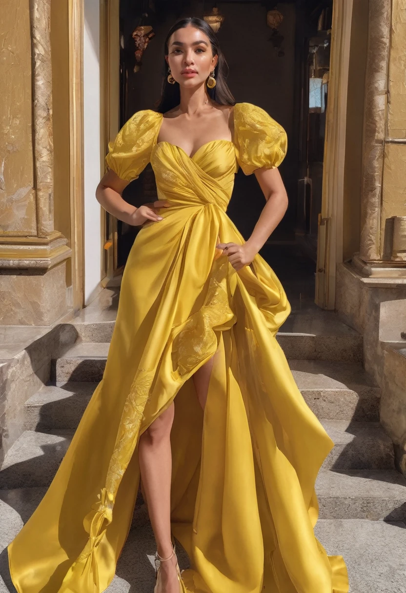 a woman in a yellow dress posing for a picture, lady using yellow dress, revealing stylish dress, sexy dress, vibrant aesthetic, wearing a yellow dress, high quality material bssrdf, opened dress, puff sleeves, light half opened dress, dress, yellow ornate dress, stylish dress, detached sleeves, ruched bodice, luxury dress