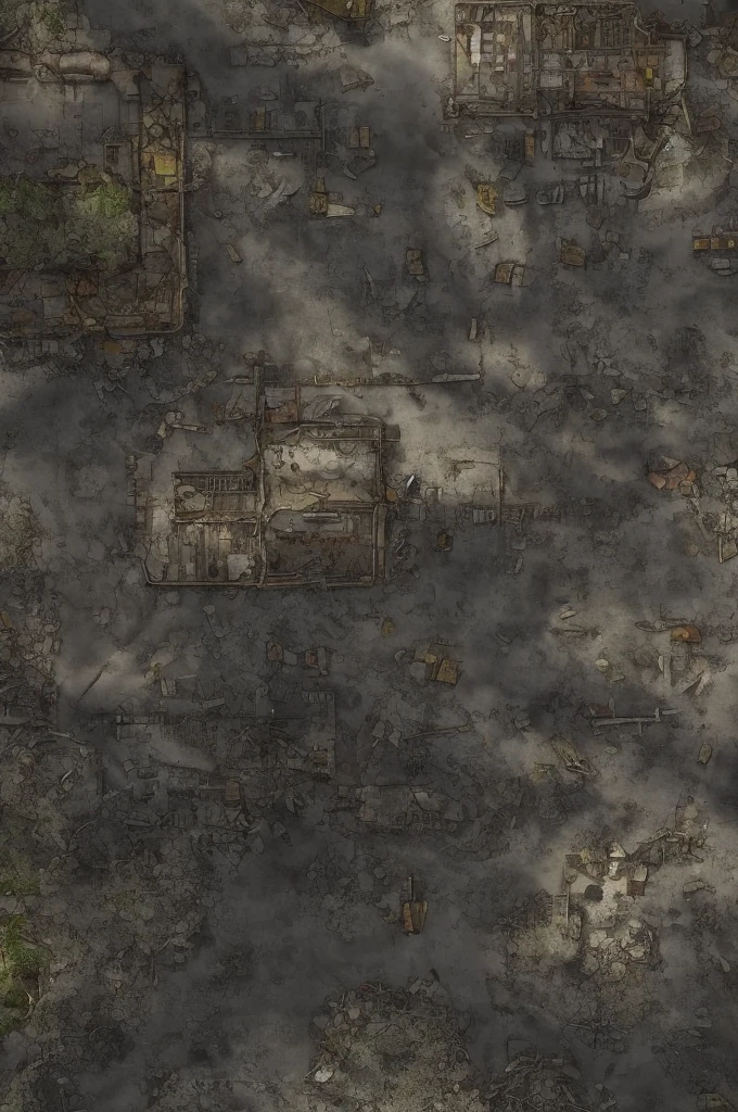 Topography and Terrain:
Desolate Land: The map presents an arid and desolate landscape, with few green areas. the ground is dry and cracked, typical of a post-apocalyptic environment.
Mountains and Hills: Gentle hills and some rugged mountains mark the horizon. The mountains are dark and rough, some with old abandoned mining tunnels.
Sparse Vegetation Areas:
Dead Forests: Small clusters of dead trees and dry bushes, giving a ghostly air to the landscape.
Dry Lakes: Ancient lake beds now dry, with salty and cracked soil.
Urban Infrastructure Buildings:
Skyscraper ruins: Partially destroyed structures of old skyscrapers, with collapsed floors and broken windows.
Sheet Metal Houses: Housing made from recycled metal sheets, assembled in an improvised way and spread throughout the city.
Transport Routes:
Degraded Roads: Old asphalt roads, now potholed and covered in undergrowth.
Collapsed Bridges: Remains of bridges that crossed rivers and valleys, now in ruins and partially collapsed.
Activity Centers Scrap Markets:
Outdoor Markets: Open areas where residents exchange recycled items and mechanical parts, with tents made of worn canvas.
Trade stalls: Small kiosks built with recycled materials, selling everything from canned food to improvised weapons.
residential areas:
Clusters of Shacks: Sets of small improvised houses made of metal and wood, organized in a chaotic manner.
Underground shelters: Entrances to bunkers and underground shelters, where some residents still live to protect themselves from the elements and radiation.
Technology and Innovation Improvised Research Centers:
Recycling Laboratories: Small labs where scientists and engineers work with old technology, trying to create new inventions from scrap.
Repair Offices: Workshops spread across the city, where mechanic