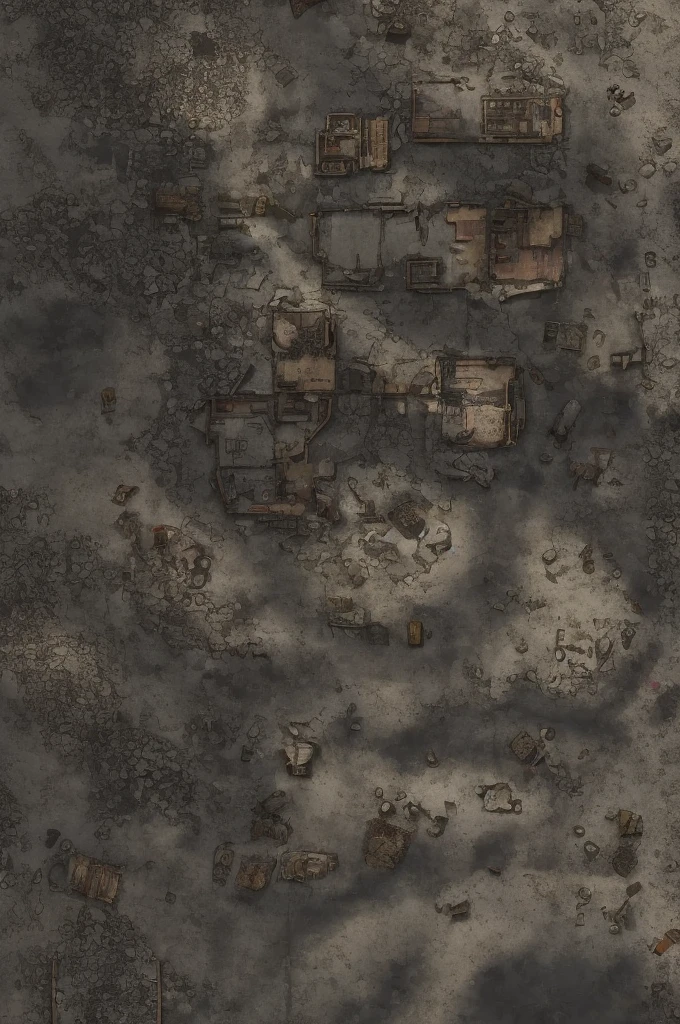Topography and Terrain:

Desolate Land: The map presents an arid and desolate landscape, with few green areas. the ground is dry and cracked, typical of a post-apocalyptic environment.
Mountains and Hills: Gentle hills and some rugged mountains mark the horizon. The mountains are dark and rough, some with old abandoned mining tunnels.
Sparse Vegetation Areas:

Dead Forests: Small clusters of dead trees and dry bushes, giving a ghostly air to the landscape.
Dry Lakes: Ancient lake beds now dry, with salty and cracked soil.
Urban Infrastructure Buildings:

Skyscraper ruins: Partially destroyed structures of old skyscrapers, with collapsed floors and broken windows.
Sheet Metal Houses: Housing made from recycled metal sheets, assembled in an improvised way and spread throughout the city.
Transport Routes:

Degraded Roads: Old asphalt roads, now potholed and covered in undergrowth.
Collapsed Bridges: Remains of bridges that crossed rivers and valleys, now in ruins and partially collapsed.
Activity Centers Scrap Markets:

Outdoor Markets: Open areas where residents exchange recycled items and mechanical parts, with tents made of worn canvas.
Trade stalls: Small kiosks built with recycled materials, selling everything from canned food to improvised weapons.
residential areas:

Clusters of Shacks: Sets of small improvised houses made of metal and wood, organized in a chaotic manner.
Underground shelters: Entrances to bunkers and underground shelters, where some residents still live to protect themselves from the elements and radiation.
Technology and Innovation Improvised Research Centers:

Recycling Laboratories: Small labs where scientists and engineers work with old technology, trying to create new inventions from scrap.
Repair Offices: Workshops spread across the city, where mechanic