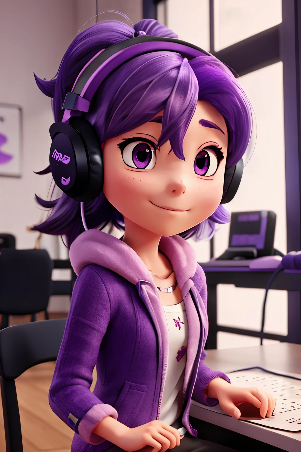 Anime purple hair and headphone