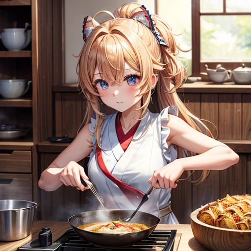 masterpiece, Highest quality, High resolution, 1girl 22 Ahoge Hair Accessory, Cooking katsudon in a sleeveless kimono