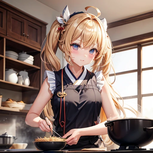 masterpiece, Highest quality, High resolution, 1girl 22 Ahoge Hair Accessory, Cooking katsudon in a sleeveless kimono