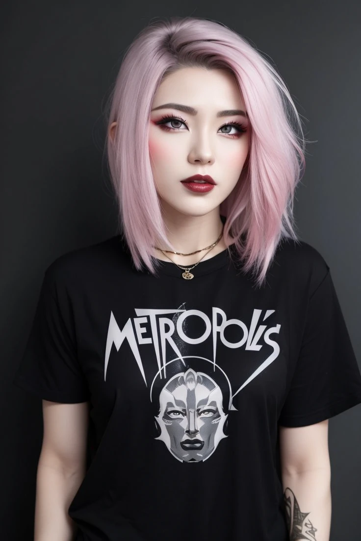 A trans woman with sexy horns, red eyes, flashy clothes, muscular