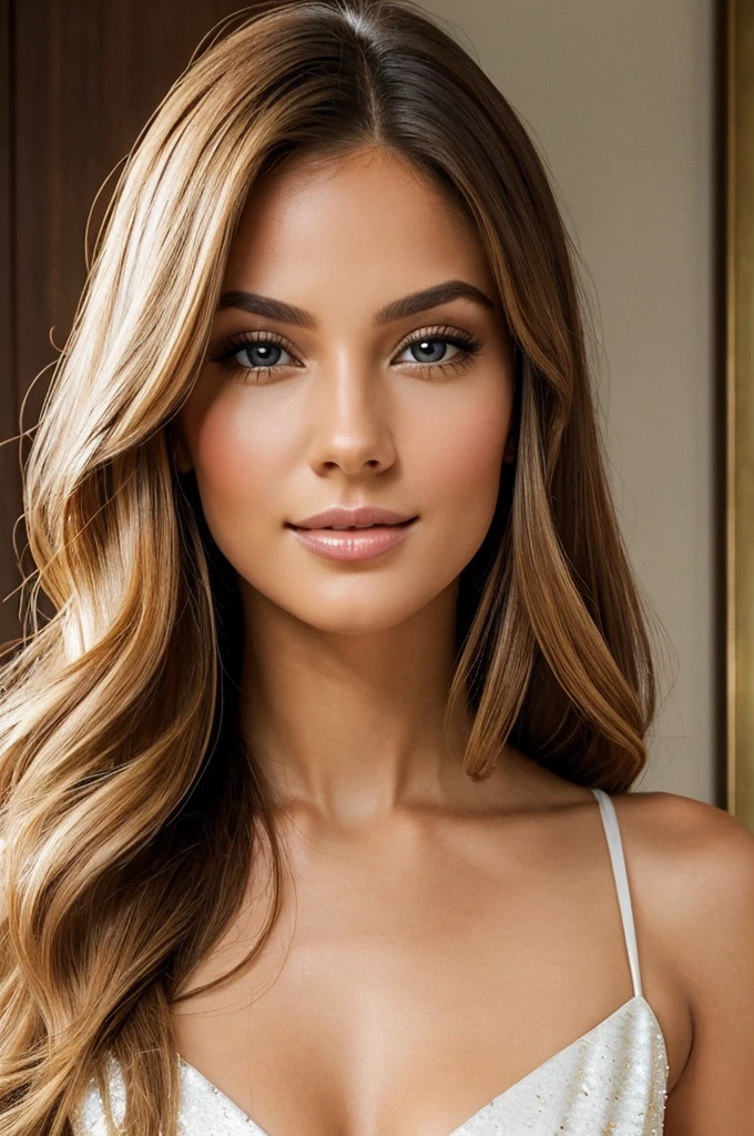 high resolution photo frontal portrait of a woman that  has a radiant oval face striking and captivating appearance that exudes elegance and charm. She has long, flowing blonde hair that cascades down her shoulders, adding a touch of enchantment to her overall look. Her eyes are a mesmerizing shade of light brown, reminiscent of honey, and they sparkle with intelligence and warmth. Carolina's features are perfectly balanced, with an elegant nose and softly defined cheekbones. Her smile is radiant and infectious, lighting up the room whenever she enters. Her lips are naturally full and rosy, adding a touch of allure to her already captivating presence. Carolina takes great care of herself, maintaining a flawless complexion that glows with a healthy radiance. Her skin is smooth and has a warm, golden undertone, further enhancing her natural beauty. Carolina is known for her impeccable sense of style. She exudes confidence and sophistication, effortlessly pulling off a range of fashion looks. Her wardrobe is a carefully curated collection of elegant and chic pieces. Whether she's dressed in a tailored suit, a flowing evening gown, or casual yet trendy streetwear, she always manages to look effortlessly put together. She has a knack for accessorizing, often opting for statement jewelry that adds a touch of glamour to her outfits. In terms of body type, Carolina has a slender and statuesque figure. She possesses graceful and confident posture, which accentuates her overall allure and magnetic presence. Overall, Carolina Mendes is a vision of beauty, charm, and sophistication. With her captivating appearance and radiant personality, she effortlessly commands attention and leaves a lasting impression on everyone she meets --style raw --ar 3:4 --v 6.0