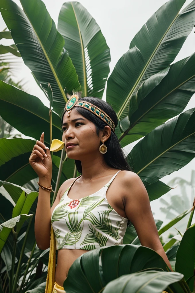 creates an indigenous woman with a banana leaf pointing to the sky while rice rains in the background