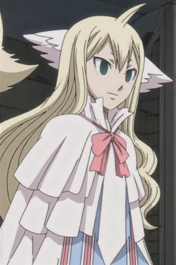 mavis, fairy tail, anime art style, 1girl, solo, long_hair, blonde_hair, bow, ribbon, green_eyes, upper_body, ahoge, wings, bowtie, capelet, expressionless, head_wings, empty_eyes