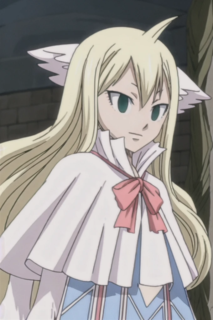 mavis, fairy tail, anime art style, 1girl, solo, long_hair, blonde_hair, bow, ribbon, green_eyes, upper_body, ahoge, wings, bowtie, capelet, expressionless, head_wings, empty_eyes