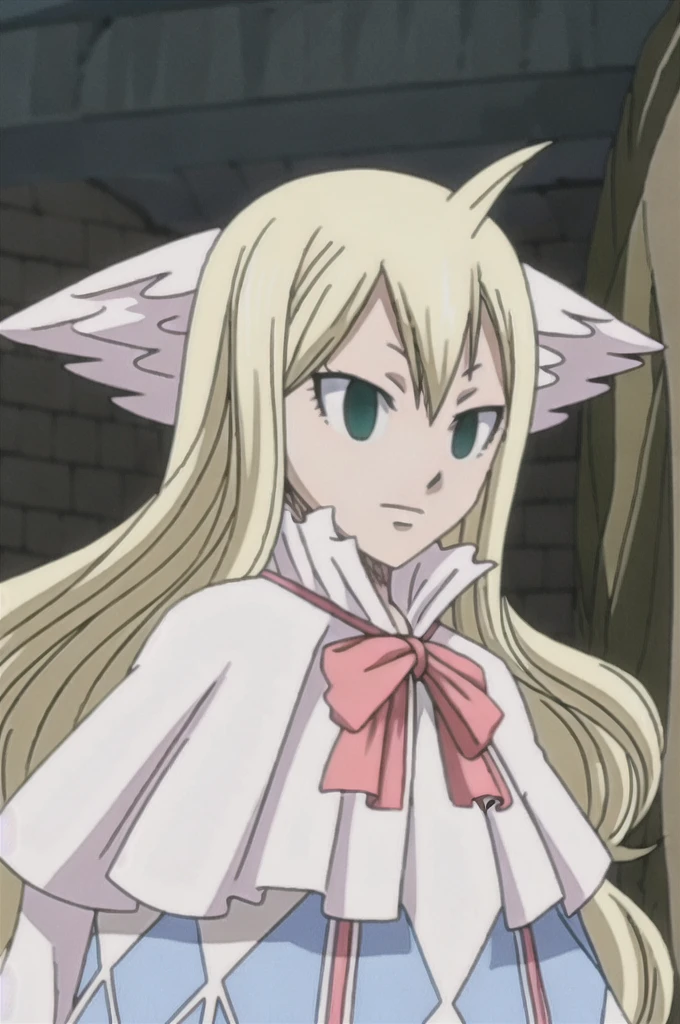 mavis, fairy tail, anime art style, 1girl, solo, long_hair, blonde_hair, bow, ribbon, green_eyes, upper_body, ahoge, wings, bowtie, capelet, expressionless, head_wings, empty_eyes