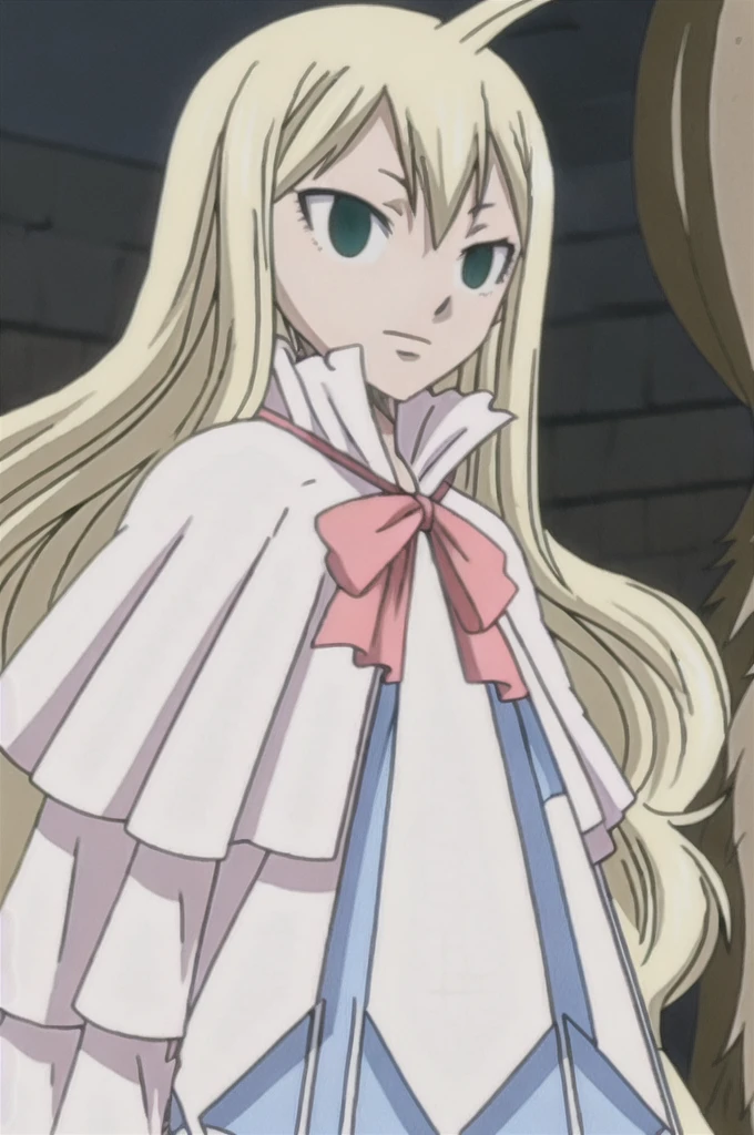 mavis, fairy tail, anime art style, 1girl, solo, long_hair, blonde_hair, bow, ribbon, green_eyes, upper_body, ahoge, wings, bowtie, capelet, expressionless, head_wings, empty_eyes