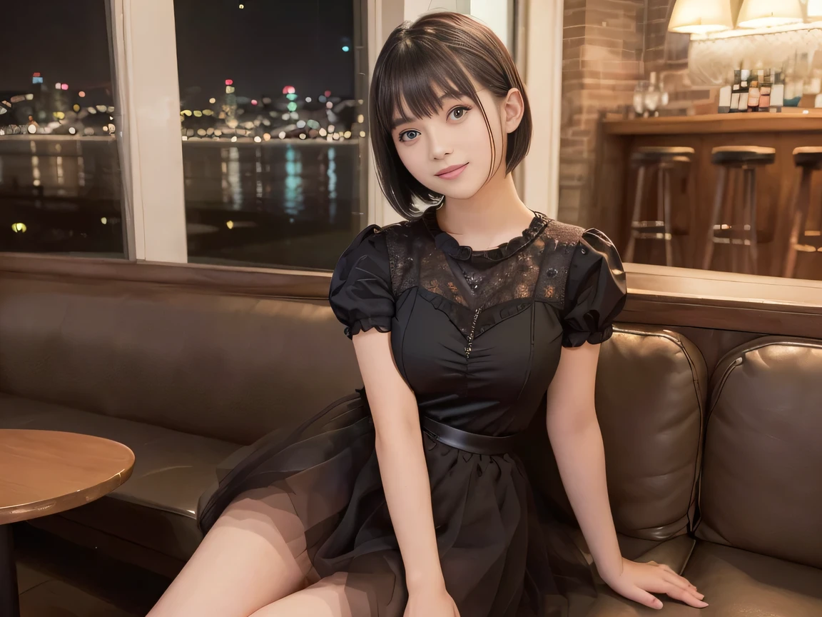 (Highest quality, masterpiece, Ultra-high resolution, 8K, RAW Photos, Realistic, Anatomically correct:1.5), 20-year-old girl:1.2, Embarrassing, avert your eyes, blush:1.0, View Viewer, ((Bar Lounge)) 、Large windows、Night view、 Light:1.2, Bokeh, Cinema Lighting:1.0, Depth of written boundary, sharp、 Cute face、Idol、(Black short sleeve tulle top)、(Black tulle skirt)、(Black clothing)、”(dwarf)”、(Floral clothes)、(Full Body Shot)、Side angle、Cowboy Shot、 smile、(Ultra short hair)、(Short bob cut)、(Straight bangs)、(( One Girl))、Large Breasts、(Navel shows through)、