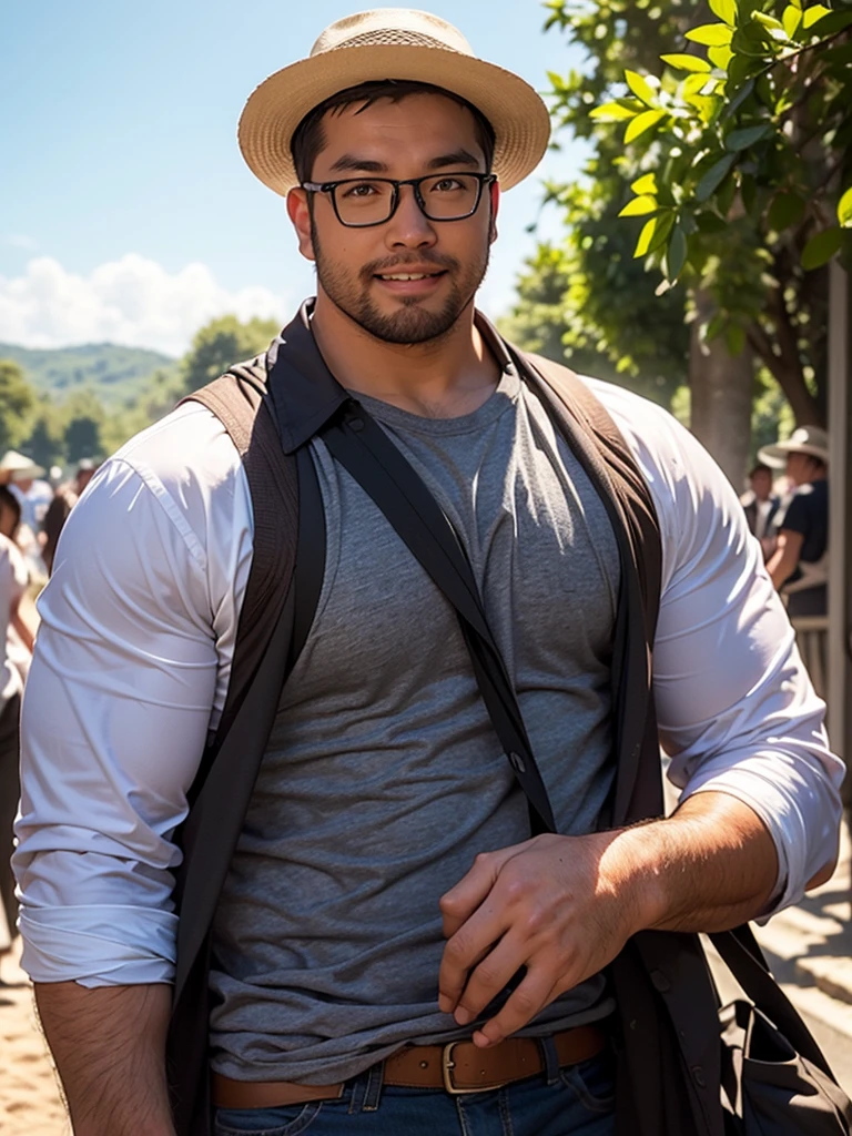 An award-winning original photo，a handsome 38-year-old man, crew cut, (((full body))), (((landscape))), mature man, [slightly fat], asian man, brown eyes, rounded face, glasses, slightly balding, 1boy, Solo, (big shoulders), musculature, stubbles, Short beard, (Beautiful eyes:1.3), (Detailed face:1.3), wearing glasses, Dynamic Angle, volumetric lighting, (Best quality, A high resolution, Photorealistic), Cinematic lighting, Masterpiece, RAW photo, Intricate details, (extremely detailed 8k wallpaper), masterpiece 16k photo,riding a horse, casual clothes, cowboy hat,