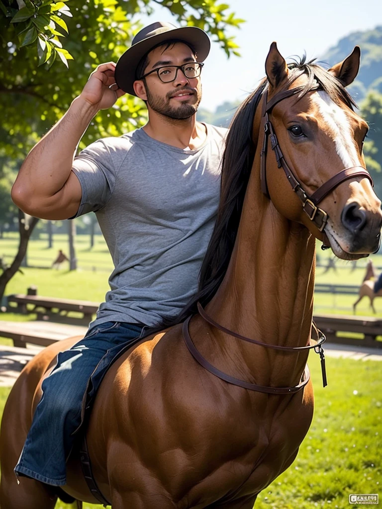 Realistic, detailed, Young pumped up man, cowboy, on farm, naked torso, chaps, 4 abs, lustful look, farm and animals in the background, detailed face, detailed hands, detailed eyes, detailed skin, dynamic lighting