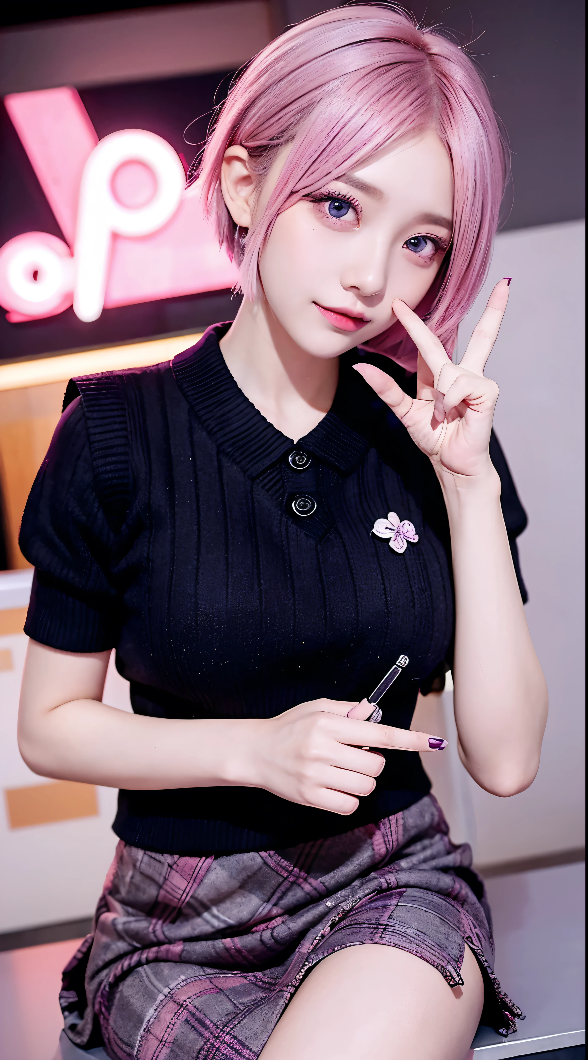 ph momo、momohd、phmomo、solo、1girl、Pink Hair、Purple Eyes、Short Hair、Hair Flowers、Sweater vest、Beautiful eyes、Plaid Skirt、Black thighaking a peace sign、Embarrassing