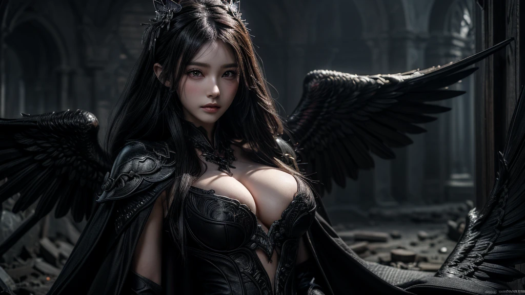 Close-up of a woman, Black robe, 2. 5D CGI anime fantasy artwork, Large Breasts，Epic fantasy digital art style, detailed Digital 2D fantasy art, Digital 2D fantasy art, original photo, (best quality:1.3), high resolution, (masterpiece), (lifelike:1.4), Professional photography, Clear focus, High Dynamic Range, 8k resolution, Intricate details, Fine details, Depth of Field, Extremely detailed CG unified 8k wallpaper, masterpiece，poster，best quality，Official Art，（Beauty and aesthetics：1.2），（masterpiece：1.3），Miss，personal，complex pattern，City ruins，Medium distance photography，（early morning），dramatic，Black feather wings，