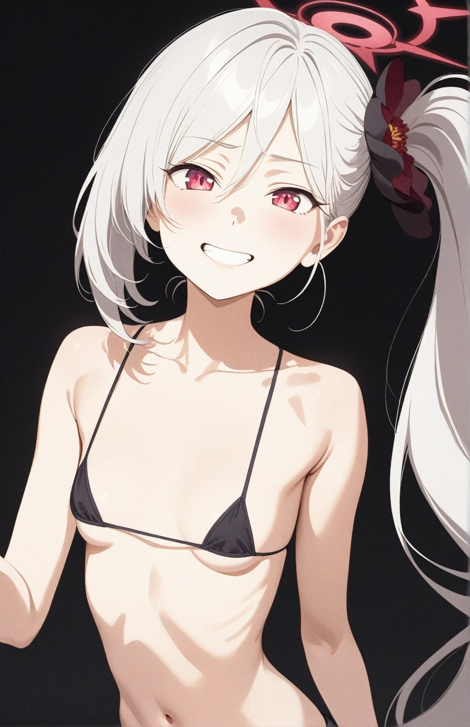 best quality, amazing quality, very aesthetic, absurdres, (1girl, mutsuki, blue archive, solo, red eyes, white hair, side ponytail), (realistic face), (grin, lowleg bikini, ), (cowboy shot), , (half closed eyes:0.7), (thigh), expressive eyes, 4k, extremely detailed anime illustration, extremely detailed eyes, enhanced details, perfect anatomy, light rays, photo background, extremely delicate body, smooth skin, feminine expression, (black background:1.5), cristal clear eyes, beautiful face, small breasts