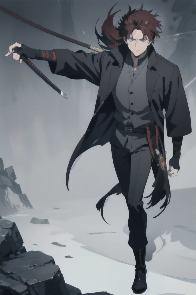 Kaelen Blackthorn stands tall and imposing, his dark red hair combed back neatly, revealing a stern and weathered face marked by the trials of countless battles. His piercing amber eyes, always vigilant, reflect a lifetime of hardship and unwavering determination. A large black coat, reminiscent of a gunslinger’s duster, drapes over his broad shoulders, flowing down to his ankles, adding a mysterious aura to his presence.
Strapped to his side is a sleek Katana, its hilt adorned with intricate carvings of ancient dragons, a symbol of his samurai heritage. Alongside the Katana, a smaller, more utilitarian sword rests, ready for swift, close-quarters combat. His coat subtly conceals the arsenal, yet allows quick access to his weapons, exemplifying the practicality of a seasoned warrior.
Kaelen’s attire combines the ruggedness of a cowboy with the elegance of a samurai. Underneath the coat, he wears a fitted leather vest over a traditional kimono-style shirt, merging functionality with a touch of his ancestral roots. His pants are durable and tailored, tucked into well-worn, high leather boots, ideal for traversing both urban landscapes and rugged terrains.
Adding to his unique appearance, Kaelen’s hands are clad in fingerless gloves, showcasing the calloused and scarred knuckles of a fighter who has seen many close encounters. A distinctive scar runs diagonally across his right cheek, a memento of a duel that almost claimed his life, serving as a constant reminder of the thin line between life and death in his line of work.
With an air of silent confidence and a demeanor that speaks volumes without uttering a word, Kaelen Blackthorn embodies the perfect fusion of cowboy grit and samurai honor, making him a formidable and unique mercenary in any realm.