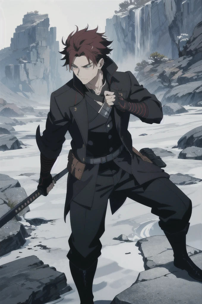 Kaelen Blackthorn stands tall and imposing, his dark red hair combed back neatly, revealing a stern and weathered face marked by the trials of countless battles. His piercing amber eyes, always vigilant, reflect a lifetime of hardship and unwavering determination. A large black coat, reminiscent of a gunslinger’s duster, drapes over his broad shoulders, flowing down to his ankles, adding a mysterious aura to his presence.
Strapped to his side is a sleek Katana, its hilt adorned with intricate carvings of ancient dragons, a symbol of his samurai heritage. Alongside the Katana, a smaller, more utilitarian sword rests, ready for swift, close-quarters combat. His coat subtly conceals the arsenal, yet allows quick access to his weapons, exemplifying the practicality of a seasoned warrior.
Kaelen’s attire combines the ruggedness of a cowboy with the elegance of a samurai. Underneath the coat, he wears a fitted leather vest over a traditional kimono-style shirt, merging functionality with a touch of his ancestral roots. His pants are durable and tailored, tucked into well-worn, high leather boots, ideal for traversing both urban landscapes and rugged terrains.
Adding to his unique appearance, Kaelen’s hands are clad in fingerless gloves, showcasing the calloused and scarred knuckles of a fighter who has seen many close encounters. A distinctive scar runs diagonally across his right cheek, a memento of a duel that almost claimed his life, serving as a constant reminder of the thin line between life and death in his line of work.
With an air of silent confidence and a demeanor that speaks volumes without uttering a word, Kaelen Blackthorn embodies the perfect fusion of cowboy grit and samurai honor, making him a formidable and unique mercenary in any realm.