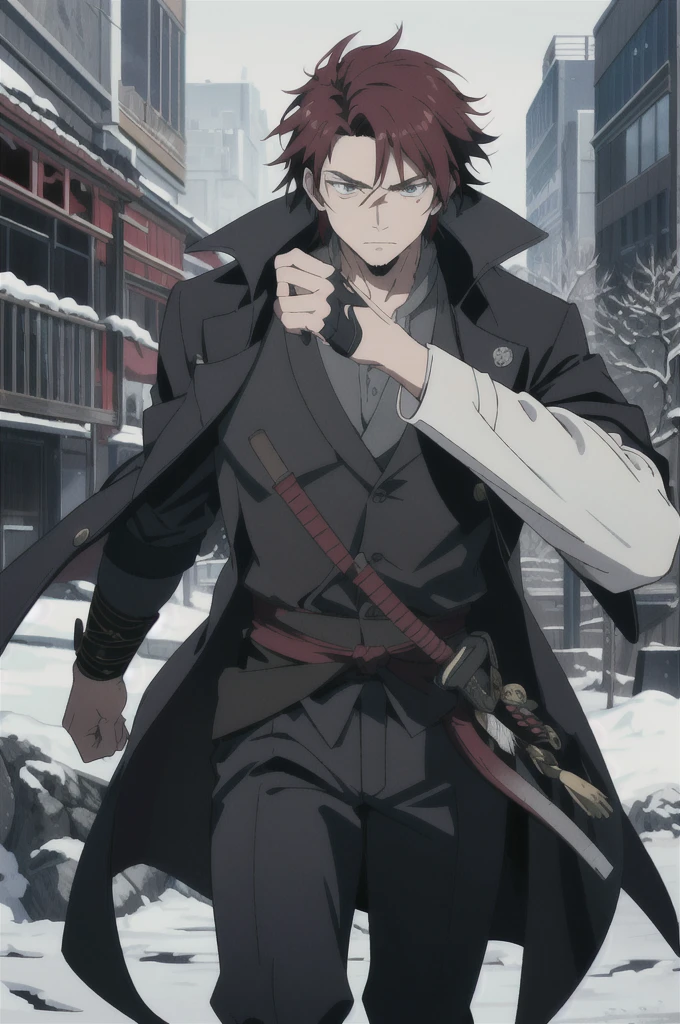 Kaelen Blackthorn stands tall and imposing, his dark red hair combed back neatly, revealing a stern and weathered face marked by the trials of countless battles. His piercing amber eyes, always vigilant, reflect a lifetime of hardship and unwavering determination. A large black coat, reminiscent of a gunslinger’s duster, drapes over his broad shoulders, flowing down to his ankles, adding a mysterious aura to his presence.
Strapped to his side is a sleek Katana, its hilt adorned with intricate carvings of ancient dragons, a symbol of his samurai heritage. Alongside the Katana, a smaller, more utilitarian sword rests, ready for swift, close-quarters combat. His coat subtly conceals the arsenal, yet allows quick access to his weapons, exemplifying the practicality of a seasoned warrior.
Kaelen’s attire combines the ruggedness of a cowboy with the elegance of a samurai. Underneath the coat, he wears a fitted leather vest over a traditional kimono-style shirt, merging functionality with a touch of his ancestral roots. His pants are durable and tailored, tucked into well-worn, high leather boots, ideal for traversing both urban landscapes and rugged terrains.
Adding to his unique appearance, Kaelen’s hands are clad in fingerless gloves, showcasing the calloused and scarred knuckles of a fighter who has seen many close encounters. A distinctive scar runs diagonally across his right cheek, a memento of a duel that almost claimed his life, serving as a constant reminder of the thin line between life and death in his line of work.
With an air of silent confidence and a demeanor that speaks volumes without uttering a word, Kaelen Blackthorn embodies the perfect fusion of cowboy grit and samurai honor, making him a formidable and unique mercenary in any realm.