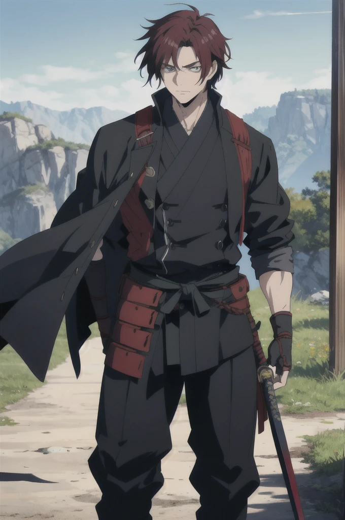 Kaelen Blackthorn stands tall and imposing, his dark red hair combed back neatly, revealing a stern and weathered face marked by the trials of countless battles. His piercing amber eyes, always vigilant, reflect a lifetime of hardship and unwavering determination. A large black coat, reminiscent of a gunslinger’s duster, drapes over his broad shoulders, flowing down to his ankles, adding a mysterious aura to his presence.
Strapped to his side is a sleek Katana, its hilt adorned with intricate carvings of ancient dragons, a symbol of his samurai heritage. Alongside the Katana, a smaller, more utilitarian sword rests, ready for swift, close-quarters combat. His coat subtly conceals the arsenal, yet allows quick access to his weapons, exemplifying the practicality of a seasoned warrior.
Kaelen’s attire combines the ruggedness of a cowboy with the elegance of a samurai. Underneath the coat, he wears a fitted leather vest over a traditional kimono-style shirt, merging functionality with a touch of his ancestral roots. His pants are durable and tailored, tucked into well-worn, high leather boots, ideal for traversing both urban landscapes and rugged terrains.
Adding to his unique appearance, Kaelen’s hands are clad in fingerless gloves, showcasing the calloused and scarred knuckles of a fighter who has seen many close encounters. A distinctive scar runs diagonally across his right cheek, a memento of a duel that almost claimed his life, serving as a constant reminder of the thin line between life and death in his line of work.
With an air of silent confidence and a demeanor that speaks volumes without uttering a word, Kaelen Blackthorn embodies the perfect fusion of cowboy grit and samurai honor, making him a formidable and unique mercenary in any realm.