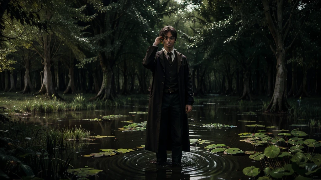 HARRY POTTER IN A SWAMP FOREST at night with witches flying
