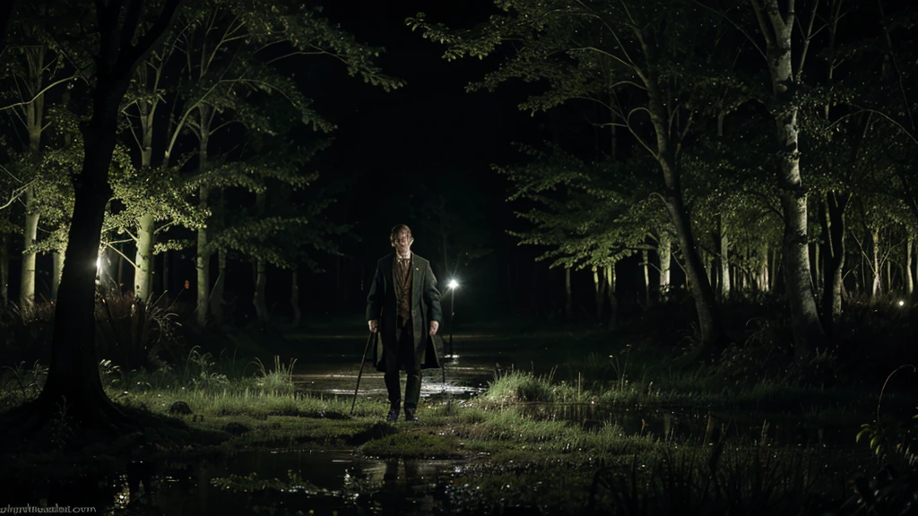 HARRY POTTER IN A SWAMP FOREST at night with witches flying