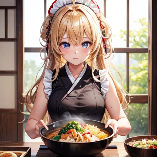 masterpiece, Highest quality, High resolution, 1girl 22 Ahoge Hair Accessory, Cooking katsudon in a sleeveless kimono Japanese cuisine restaurant