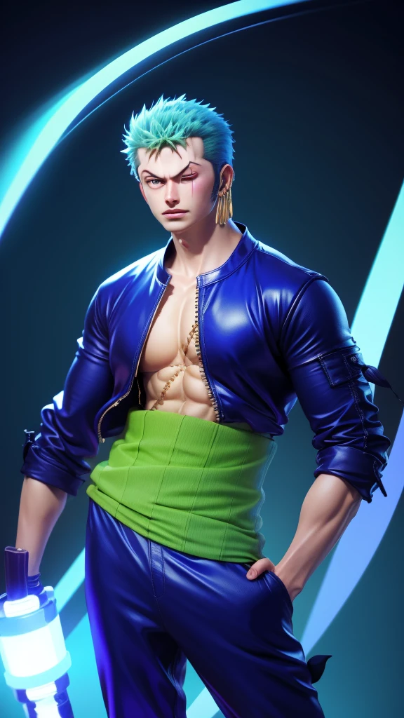 Roronoa zoro in original outfit glowing blue electric effect background