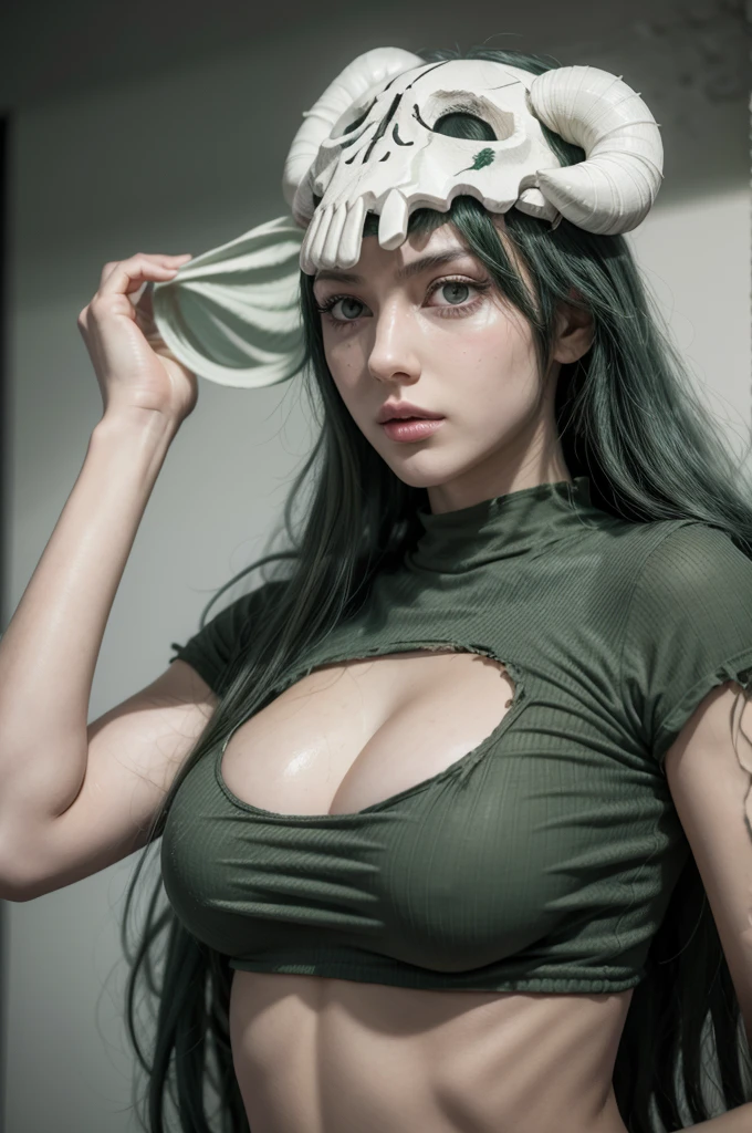 Nelliel from bleach, realistic, age 25, extreme pure white skin, skull on head, light green long hair, torn green shirt, perfect face, perfect shape body, large breasts, clothes covered upper body, 3d .